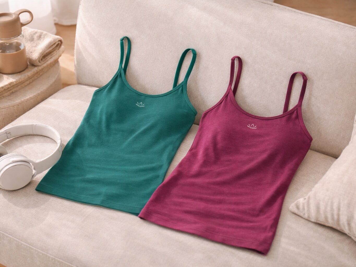 Two Beyond Yoga Forever Tanks in teal and berry styled on a cream sofa with headphones and accessories