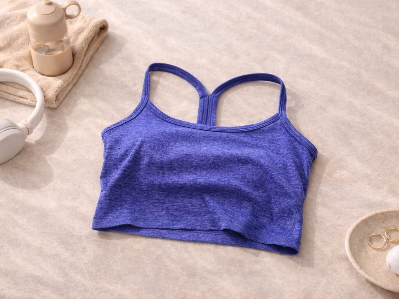 Beyond Yoga cropped sports bra in blue heather styled with headphones and jewelry on a sandy neutral surface