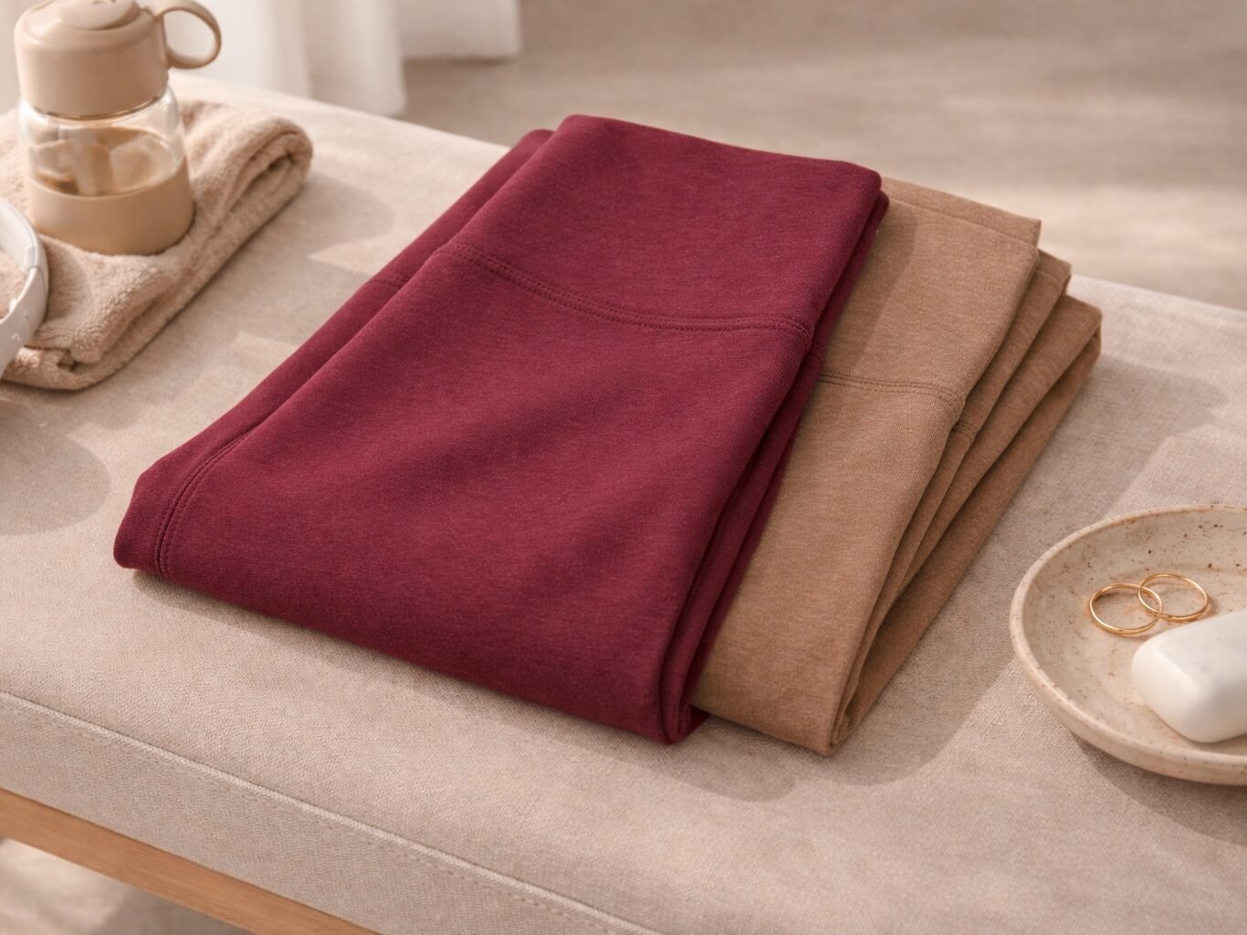 Two pairs of folded Beyond Yoga Spacedye midi leggings in berry and camel styled on a neutral bench with accessories