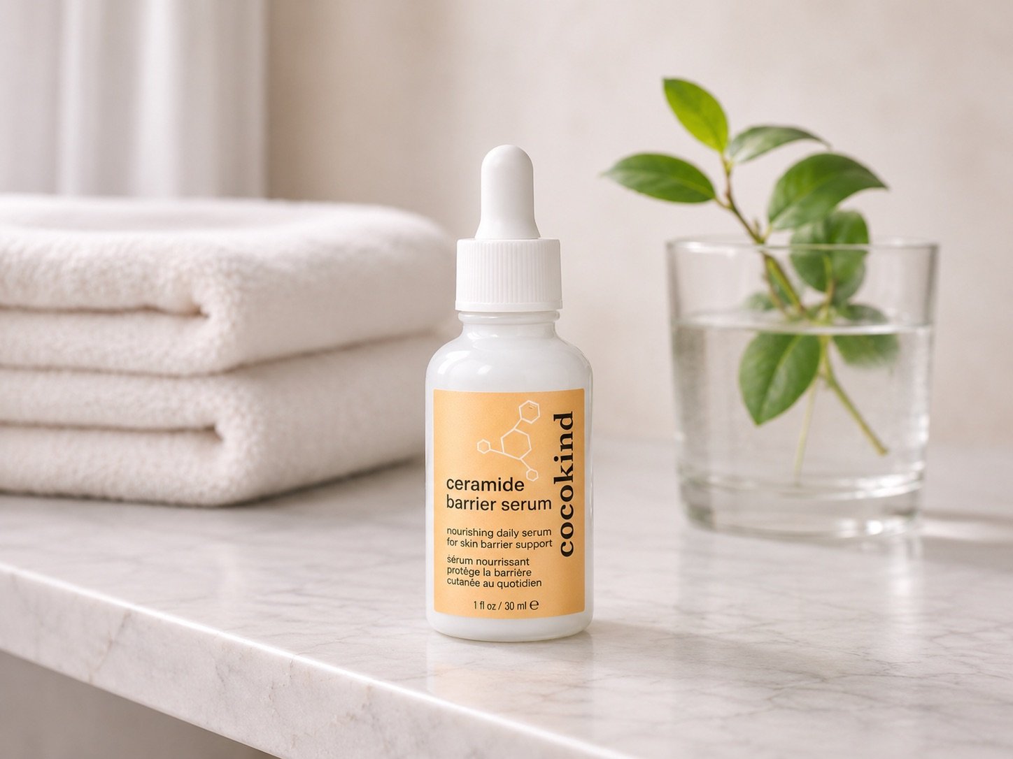 Cocokind ceramide barrier serum bottle with dropper for lightweight daily hydration