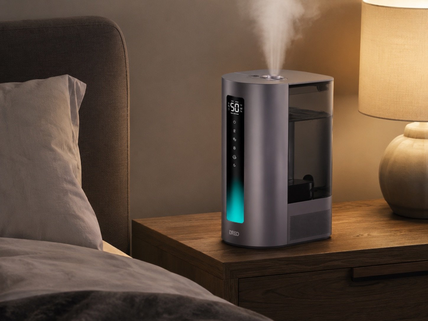 Dreo Smart Humidifier 713S with cool mist and teal ambient light on a wooden nightstand in a dimly lit bedroom