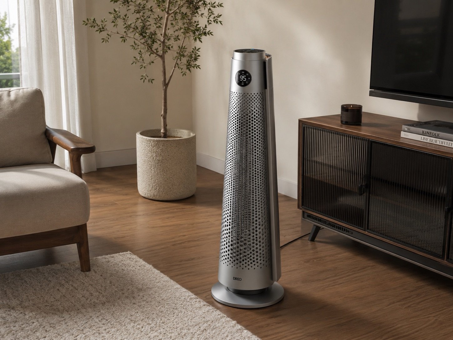 Dreo Tower Heater 718 slim smart tower heater with digital display in a modern living room next to a wooden media console