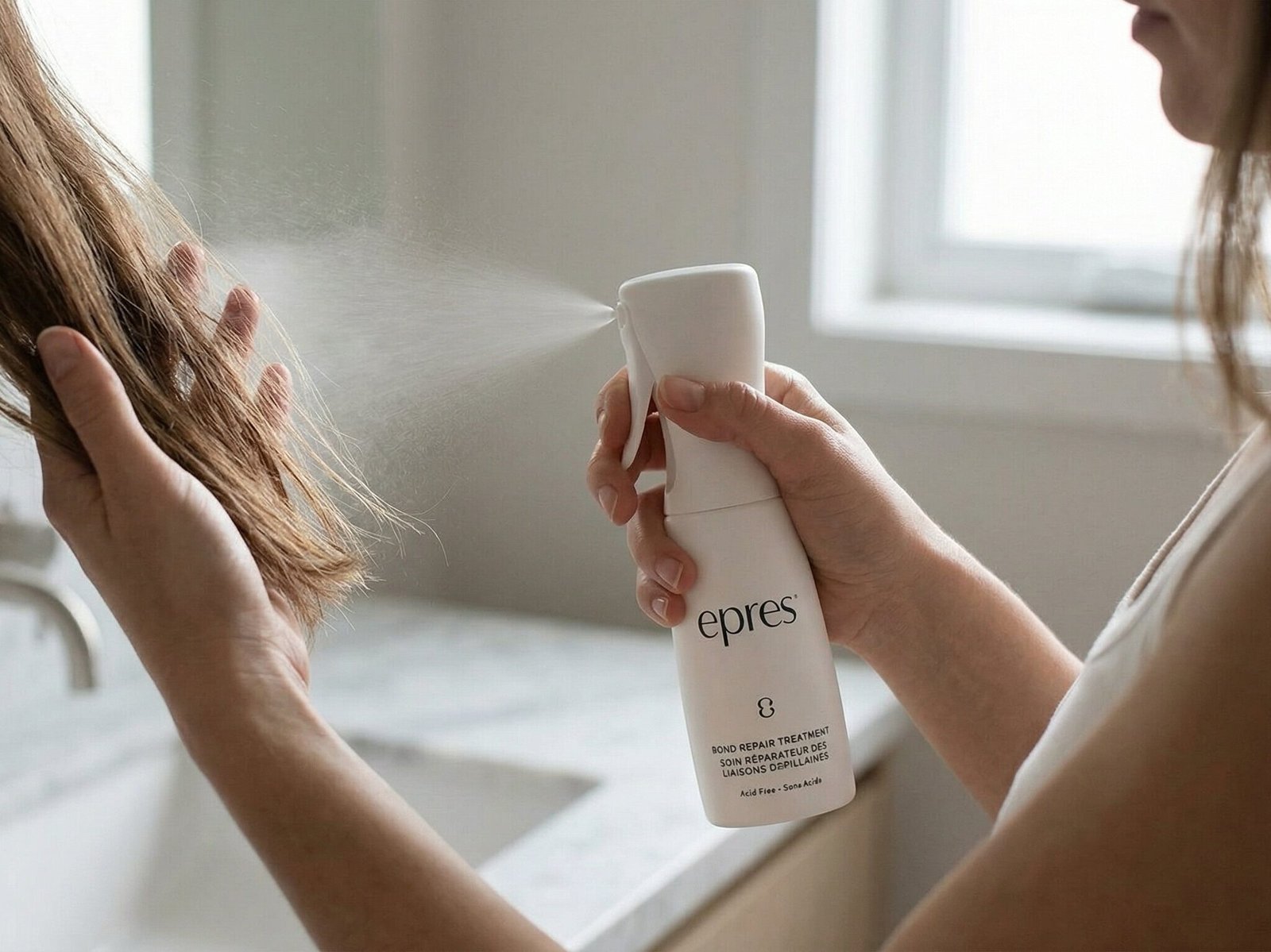 Person applying epres Bond Repair Treatment spray onto dry damaged hair in a bright bathroom