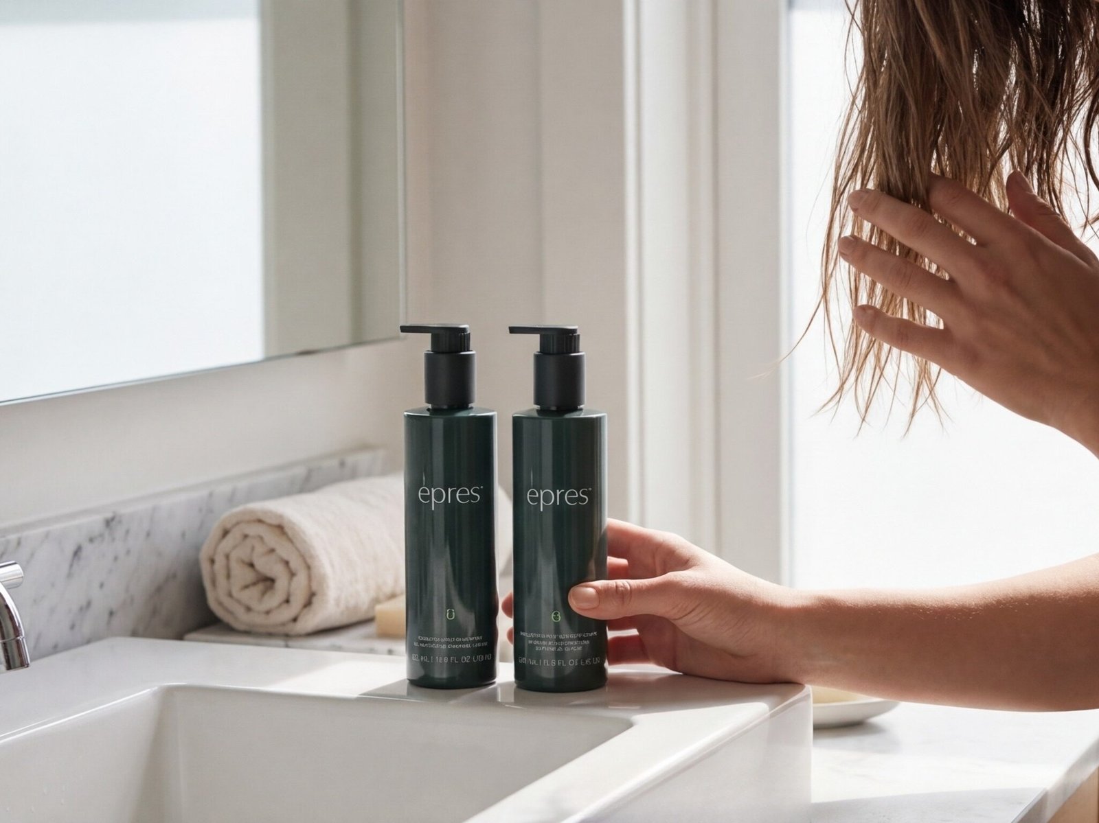 Person reaching for epres Healthy Hair Shampoo and Conditioner dark green bottles on a marble bathroom counter