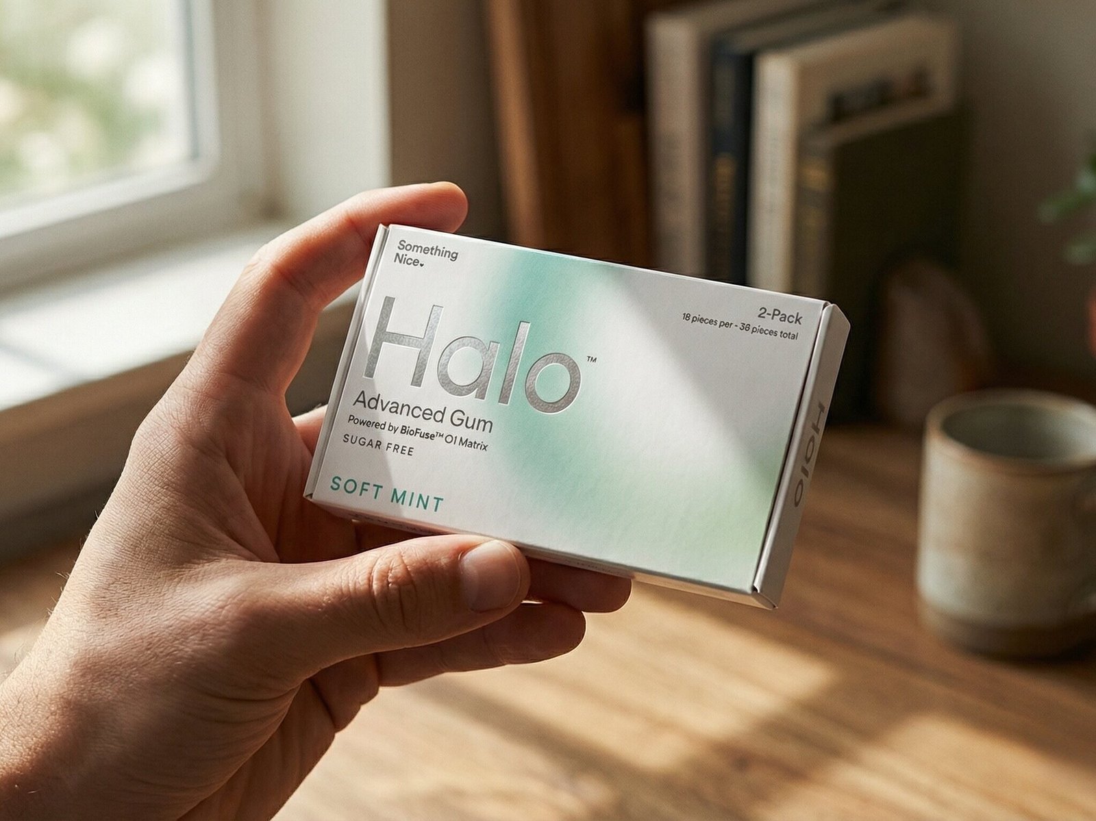 Something Nice Halo Advanced Gum held in hand in a casual everyday setting
