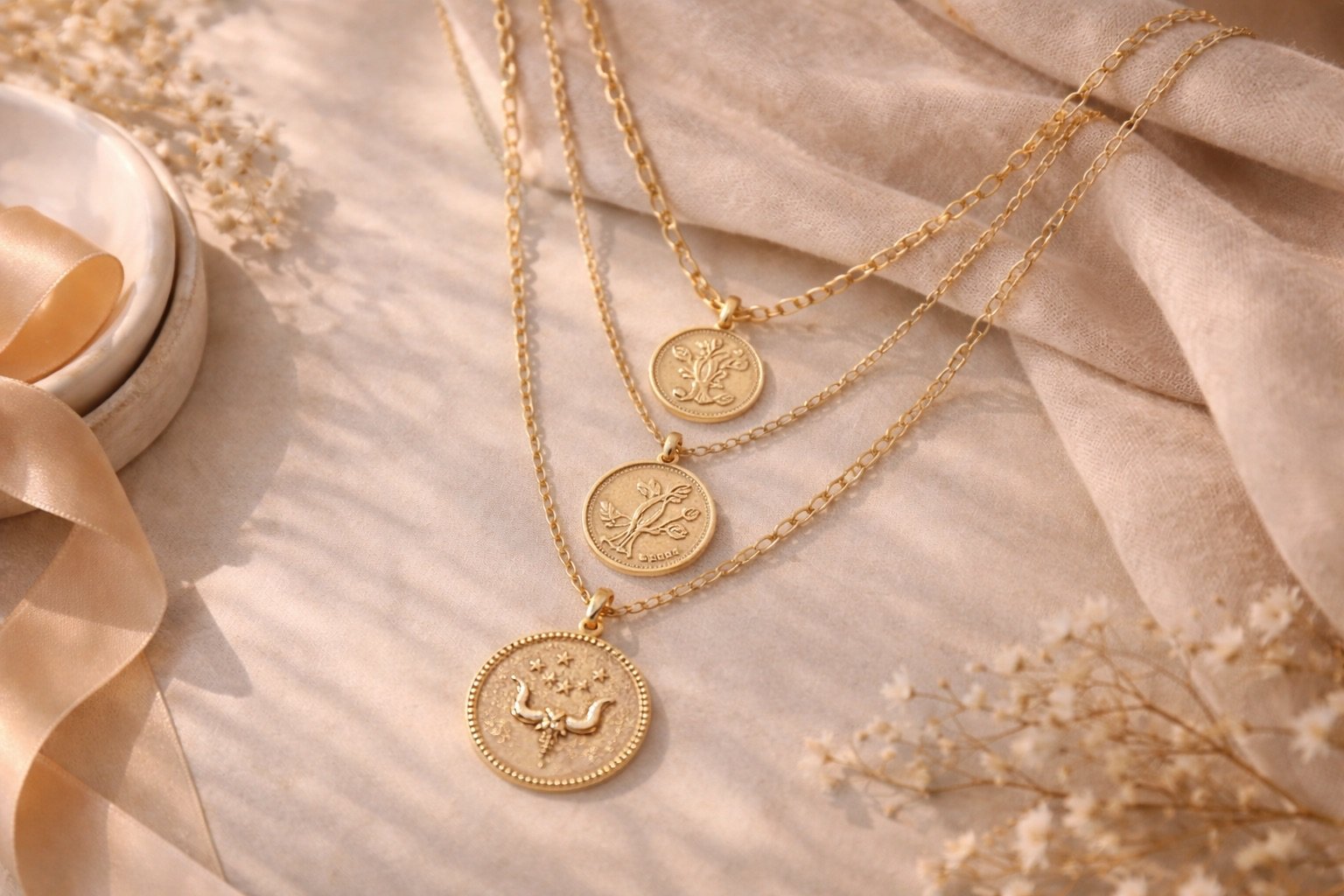 Three layered Jane Win gold coin pendant necklaces styled on a beige linen background with dried flowers and satin ribbon