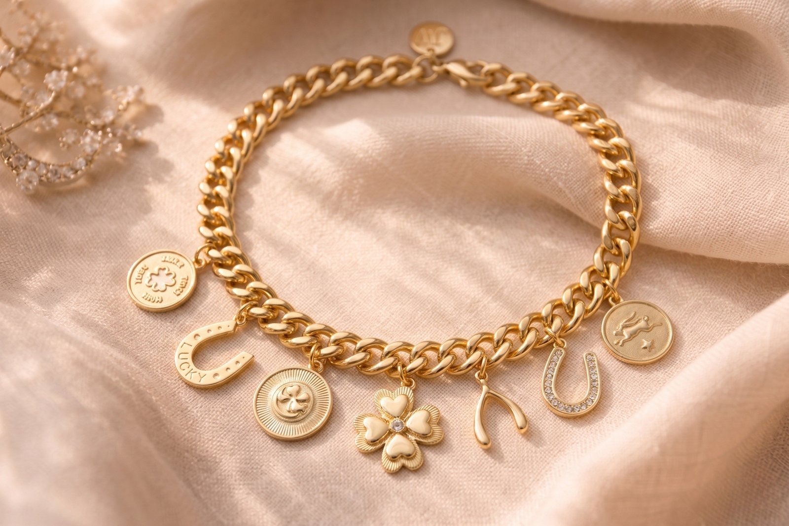 Jane Win LUCKY Charm Necklace gold curb chain with clover, horseshoe, wishbone and lucky coin charms on white background