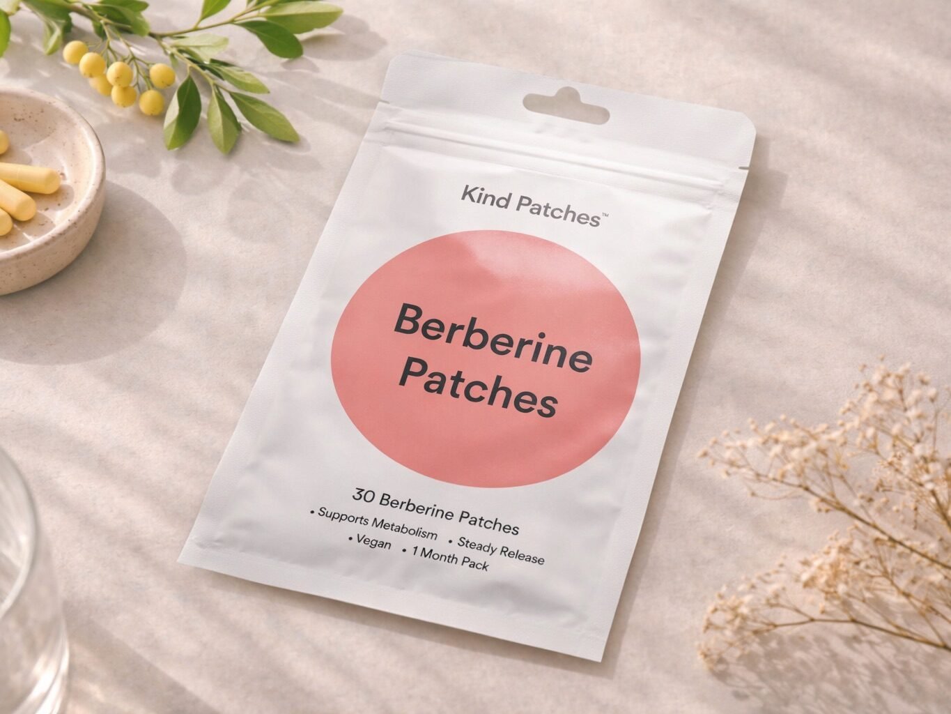 Kind Patches Berberine Patch shown in a minimal wellness product flat lay