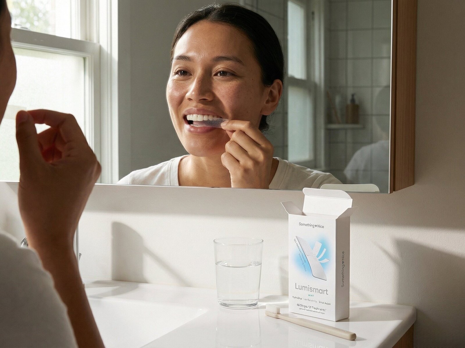 Something Nice Lumismart whitening strips being applied in a bathroom mirror