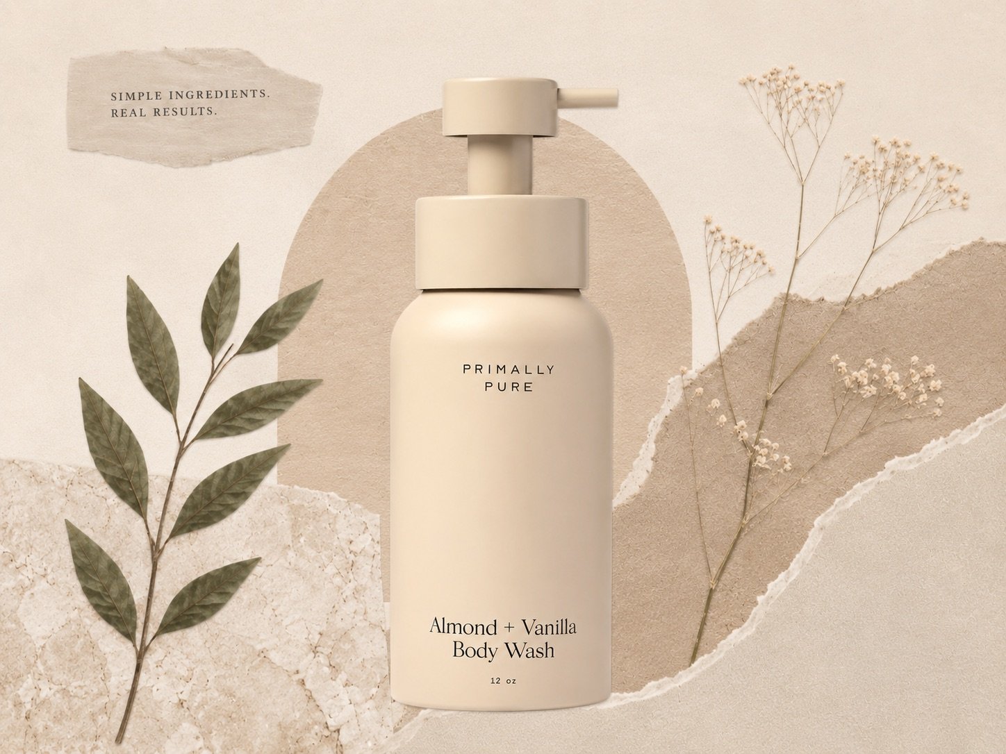Primally Pure Almond and Vanilla Body Wash 12 oz pump bottle styled with dried botanicals on a neutral background