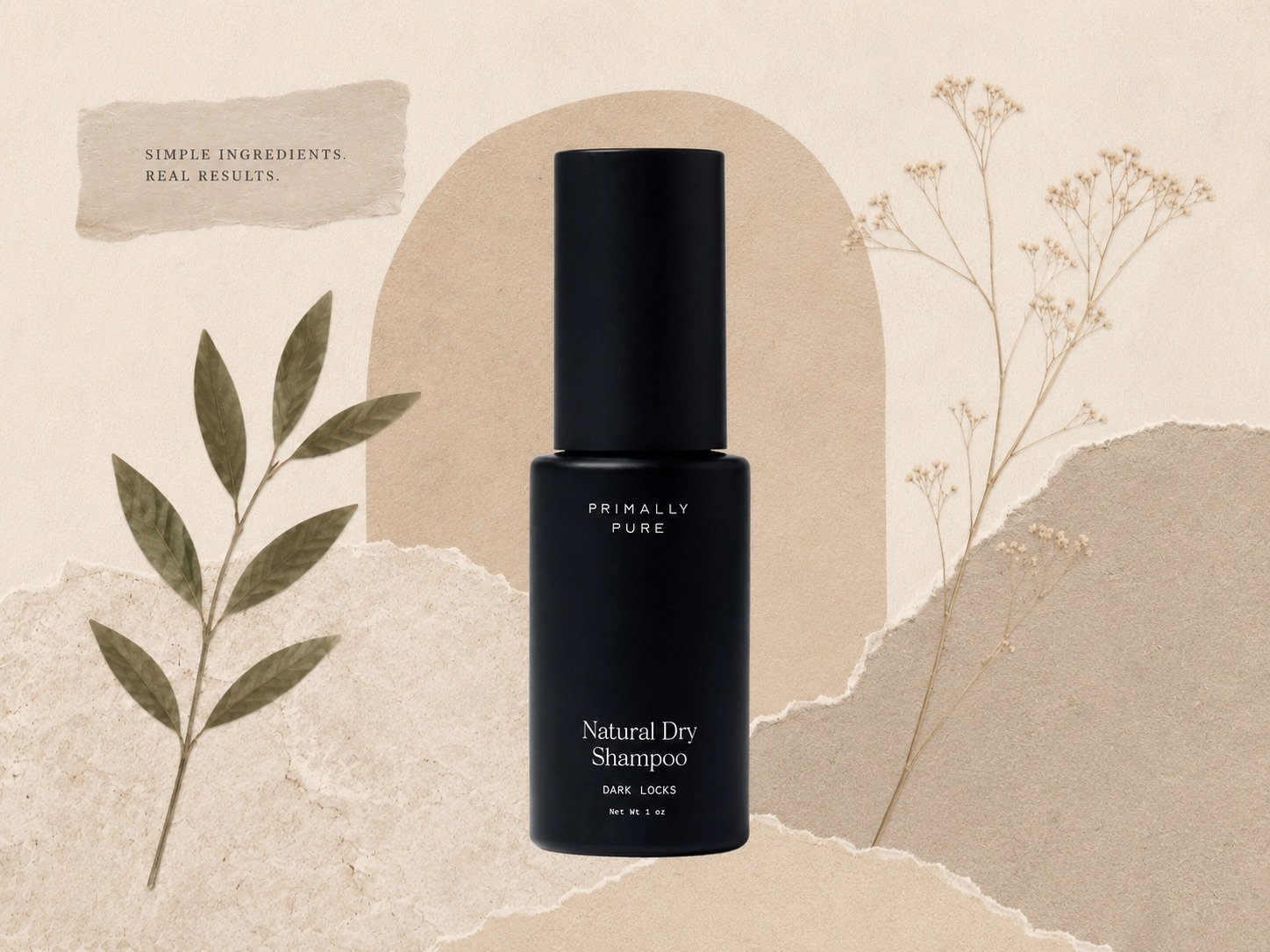 Primally Pure Natural Dry Shampoo Dark Locks 1 oz bottle styled with botanical elements on a neutral textured background