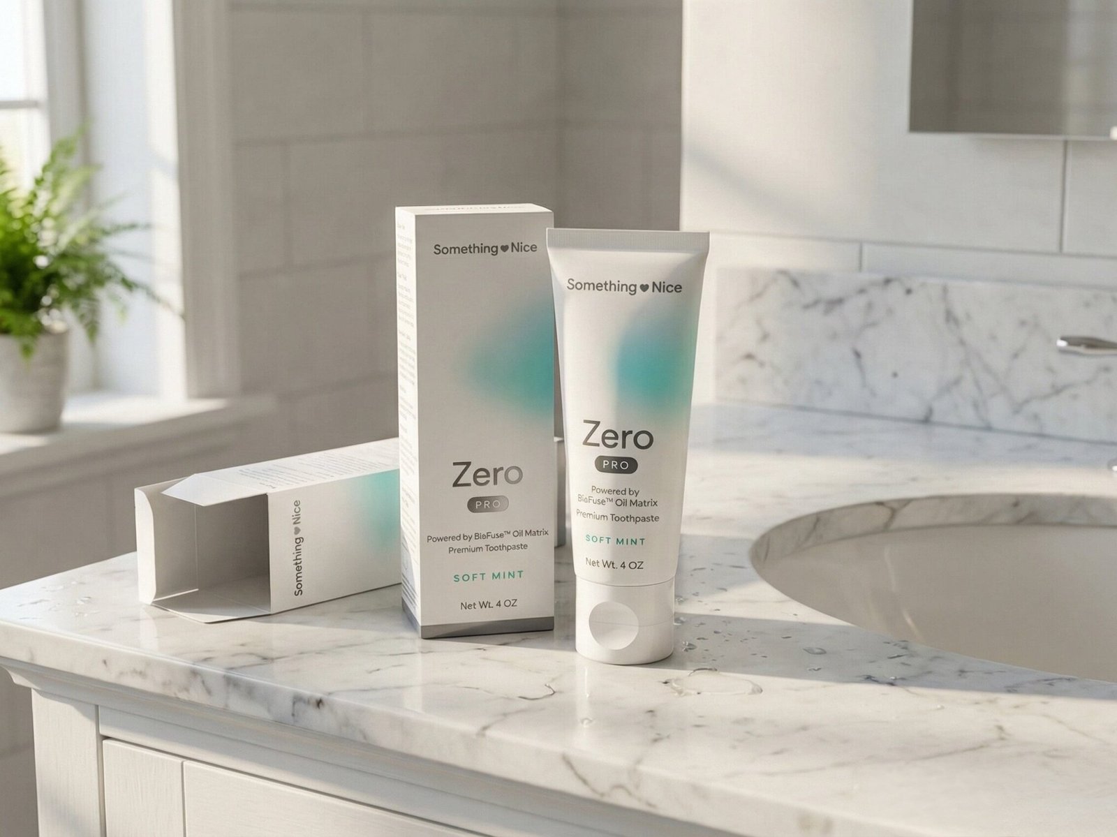 Something Nice Zero Pro Toothpaste on a bathroom counter with natural light